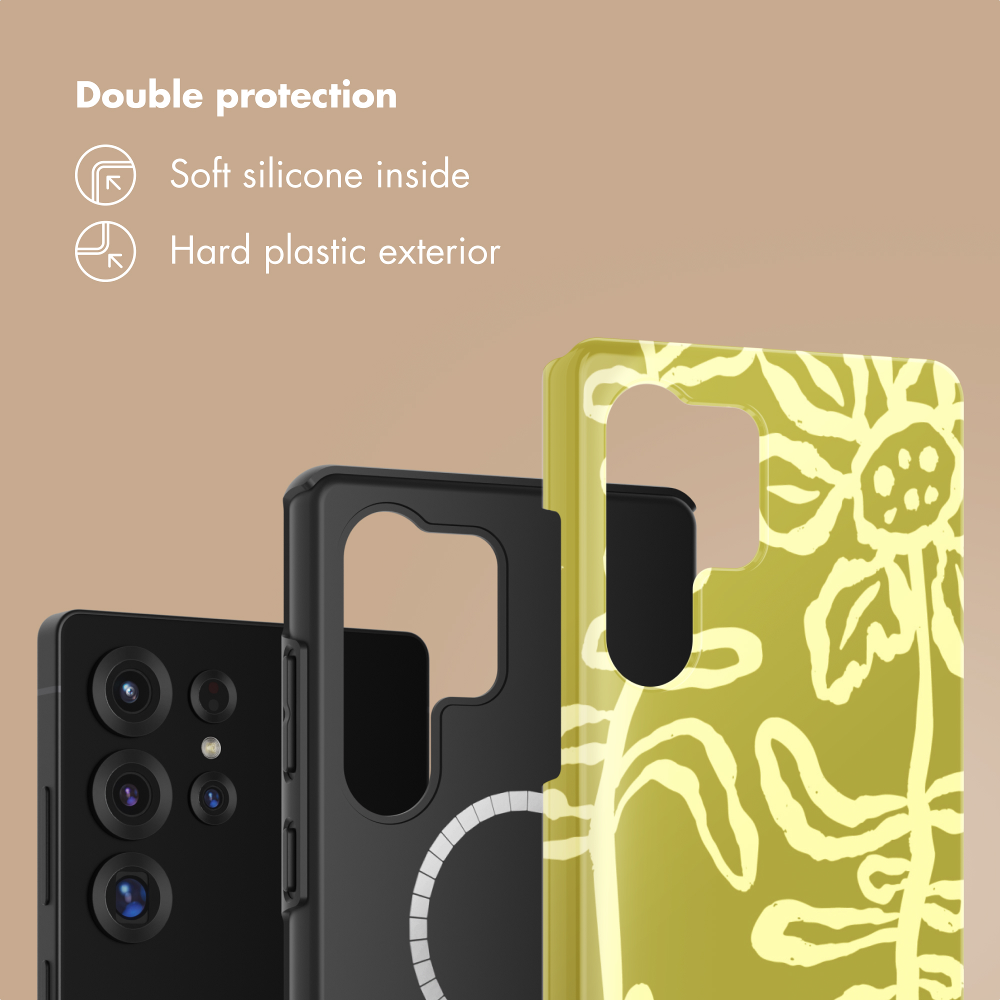 Smartphone con doppia custodia protettiva: silicone morbido dentro e plastica dura fuori.