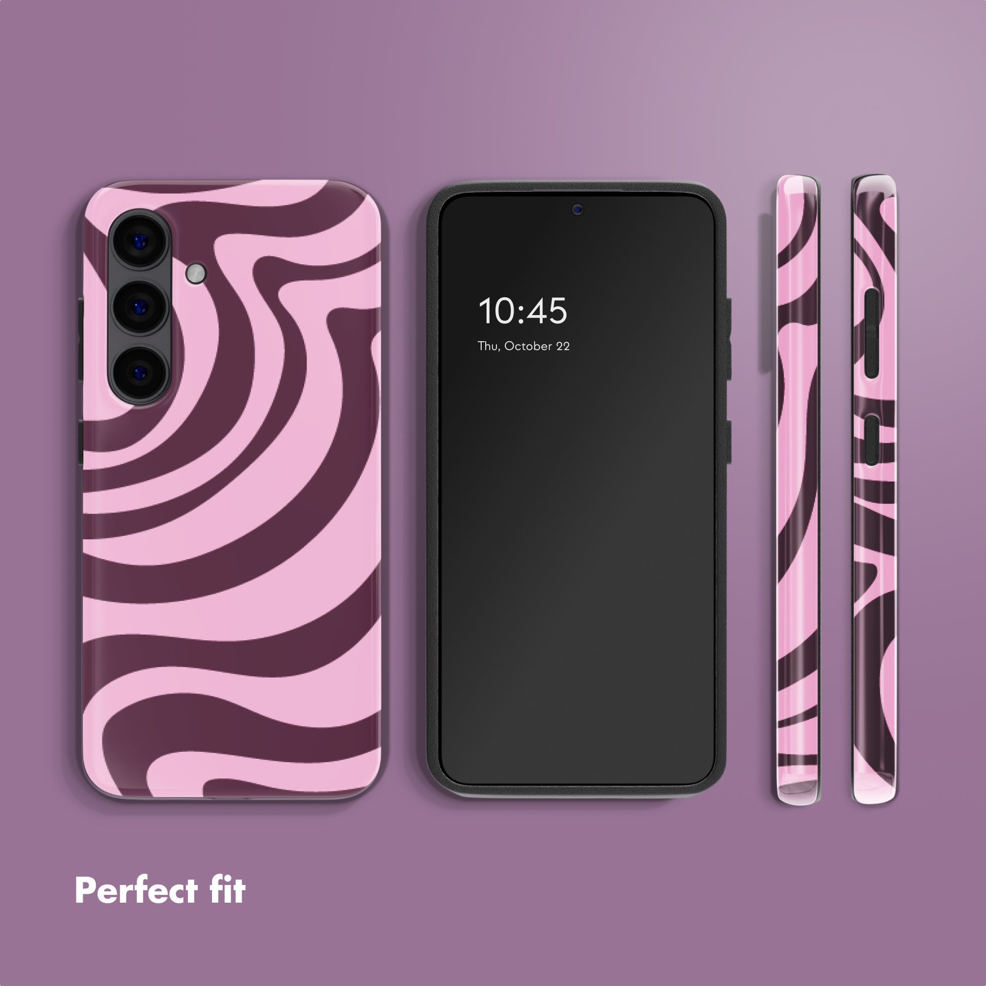 Smartphone mit pink-braunem Wellenmuster, Ansicht von vorne, hinten und Seite, auf lila Hintergrund.