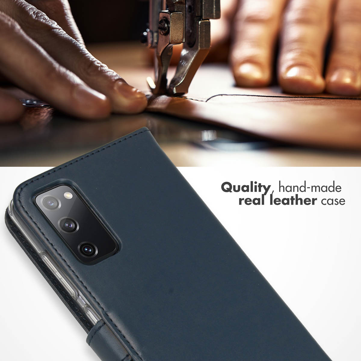 Étui en cuir véritable fait à la main pour smartphone avec coutures visibles.