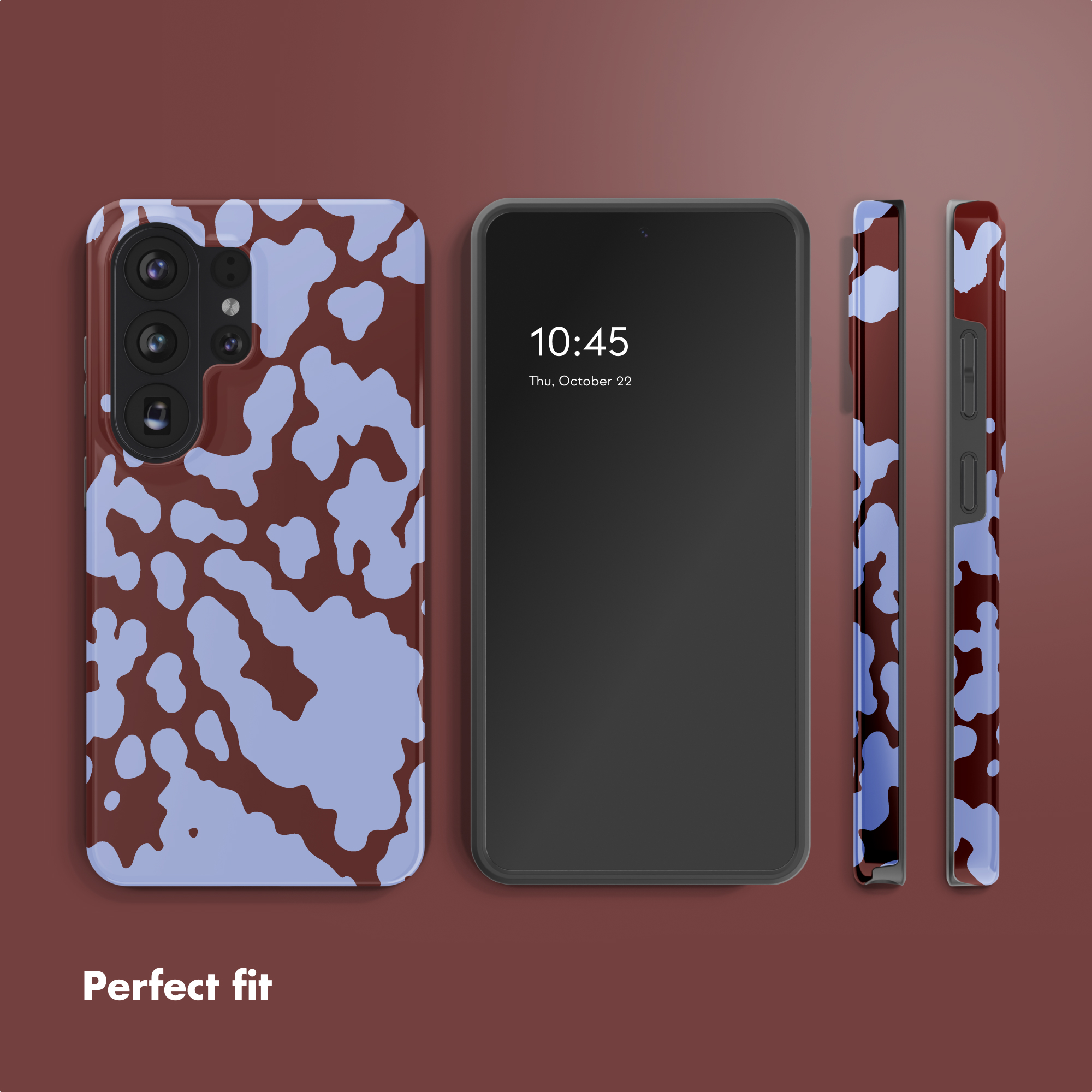 Teléfono inteligente en varias vistas con patrón marrón y azul, y texto Perfect fit.