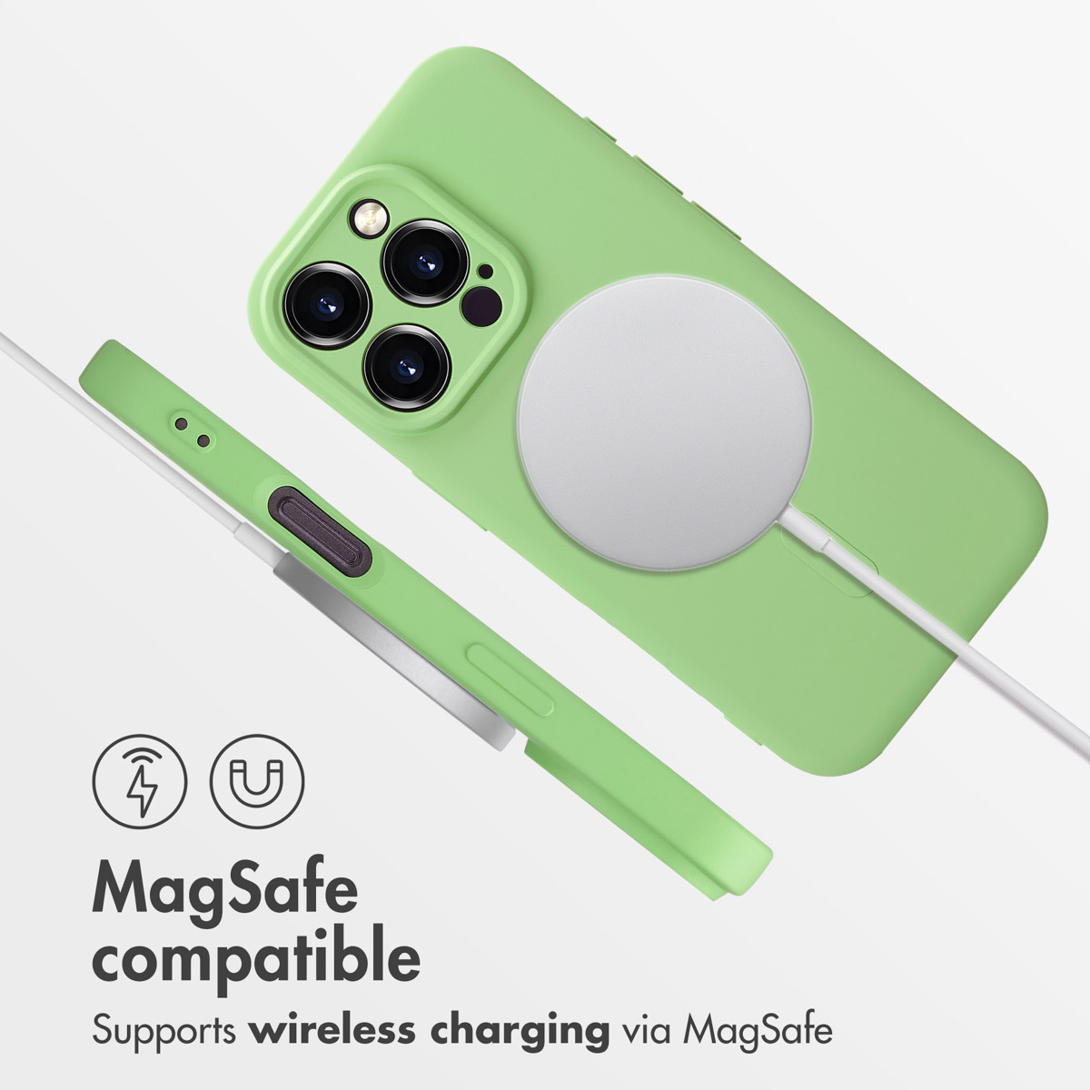 Coque verte pour iPhone avec chargeur MagSafe, icônes et texte.