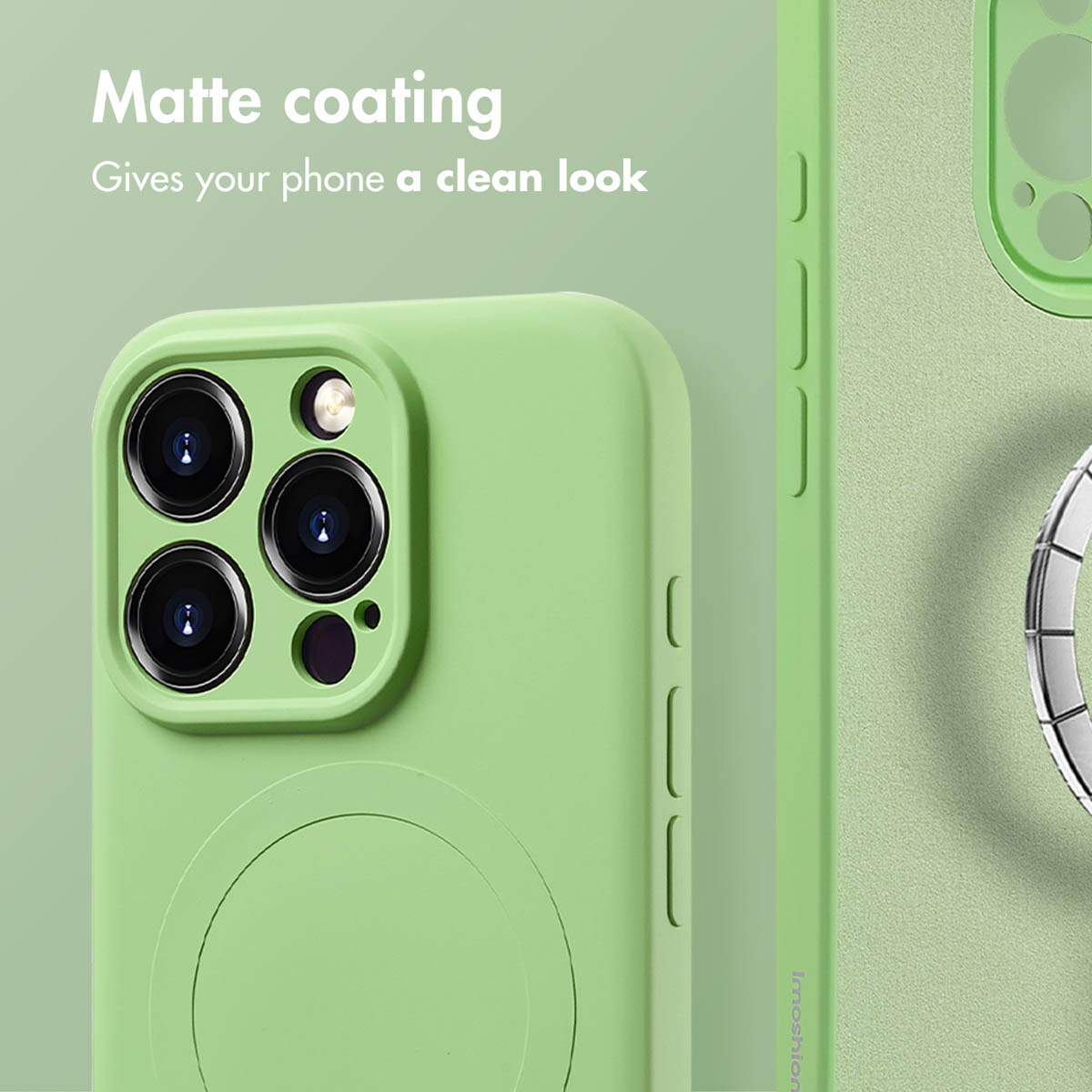 Coque de smartphone verte avec finition mate, découpe pour appareil photo et texte descriptif.