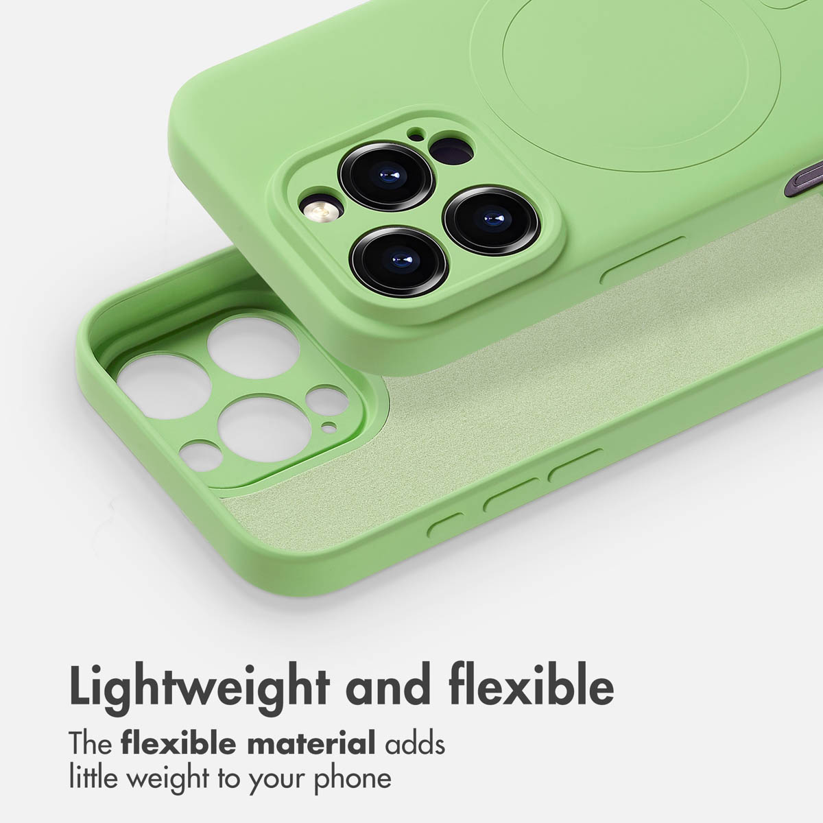 Une coque de smartphone vert clair légère et flexible avec des découpes pour appareil photo.