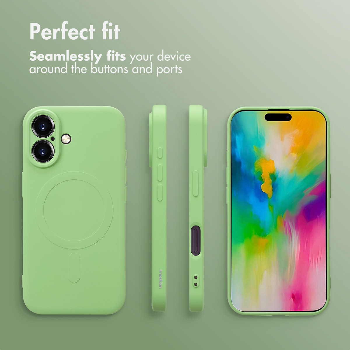 Coque de téléphone verte sous différents angles avec écran coloré et texte 'Perfect fit'.