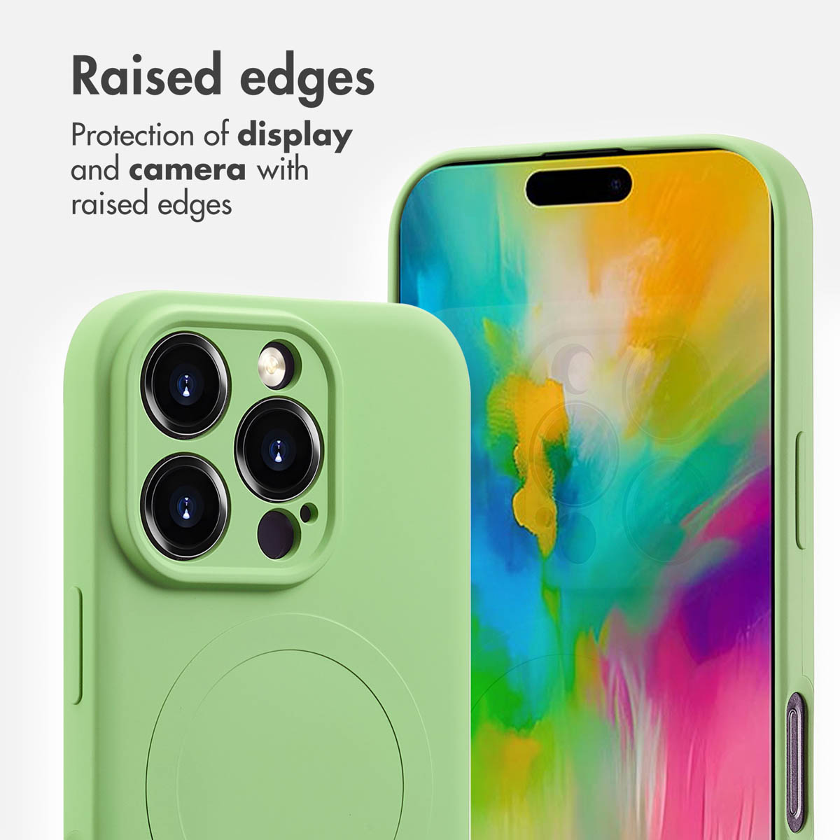 Coque de téléphone verte avec bords surélevés pour écran et appareil photo.