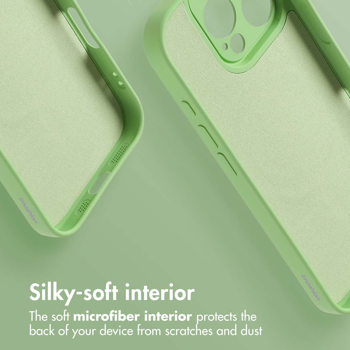 Deux coques de smartphone vert clair avec intérieur en microfibre douce sur fond vert.