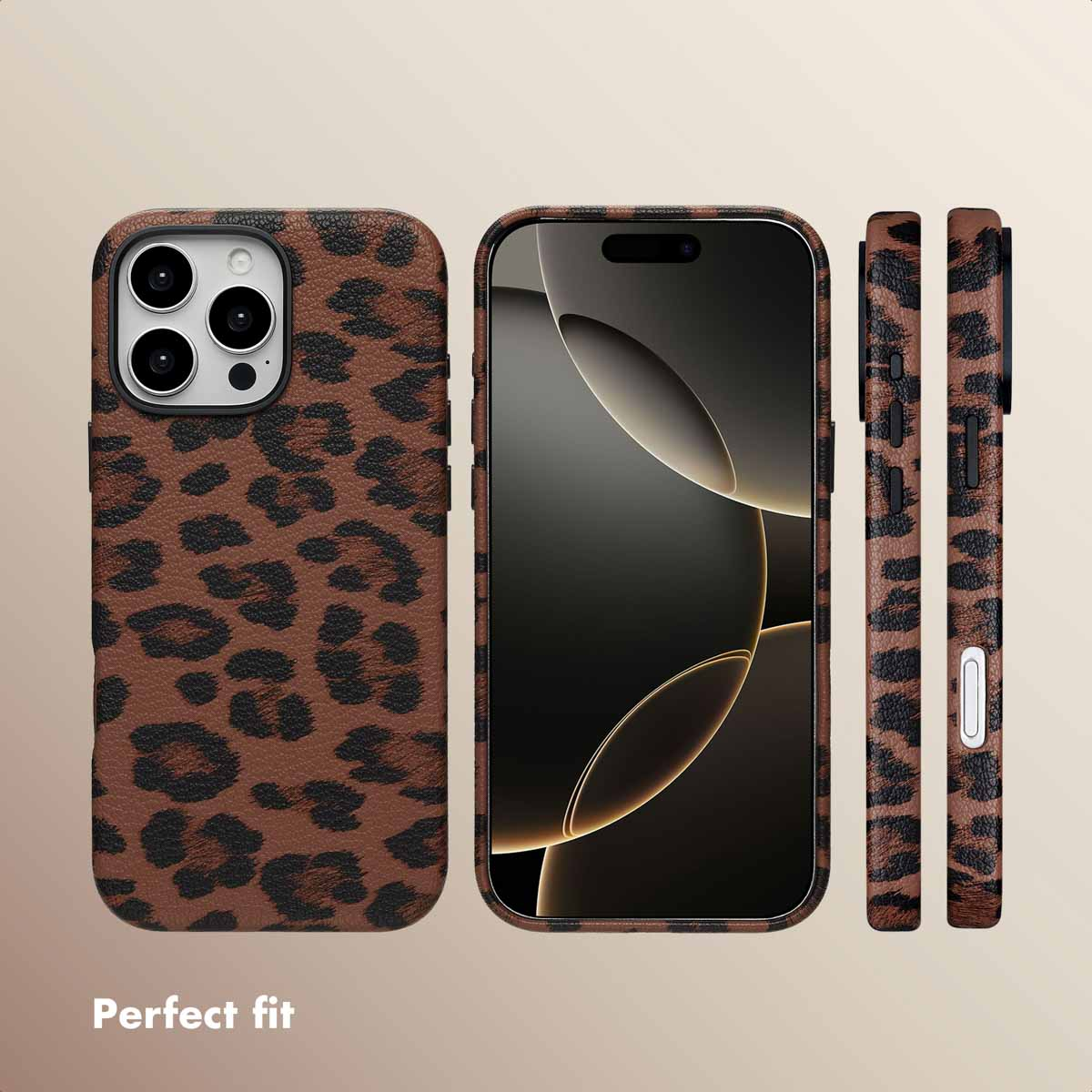 Vier Ansichten eines Smartphones mit braun-schwarzem Leopardenmuster-Case, Rückseite, Vorderseite und Seiten.