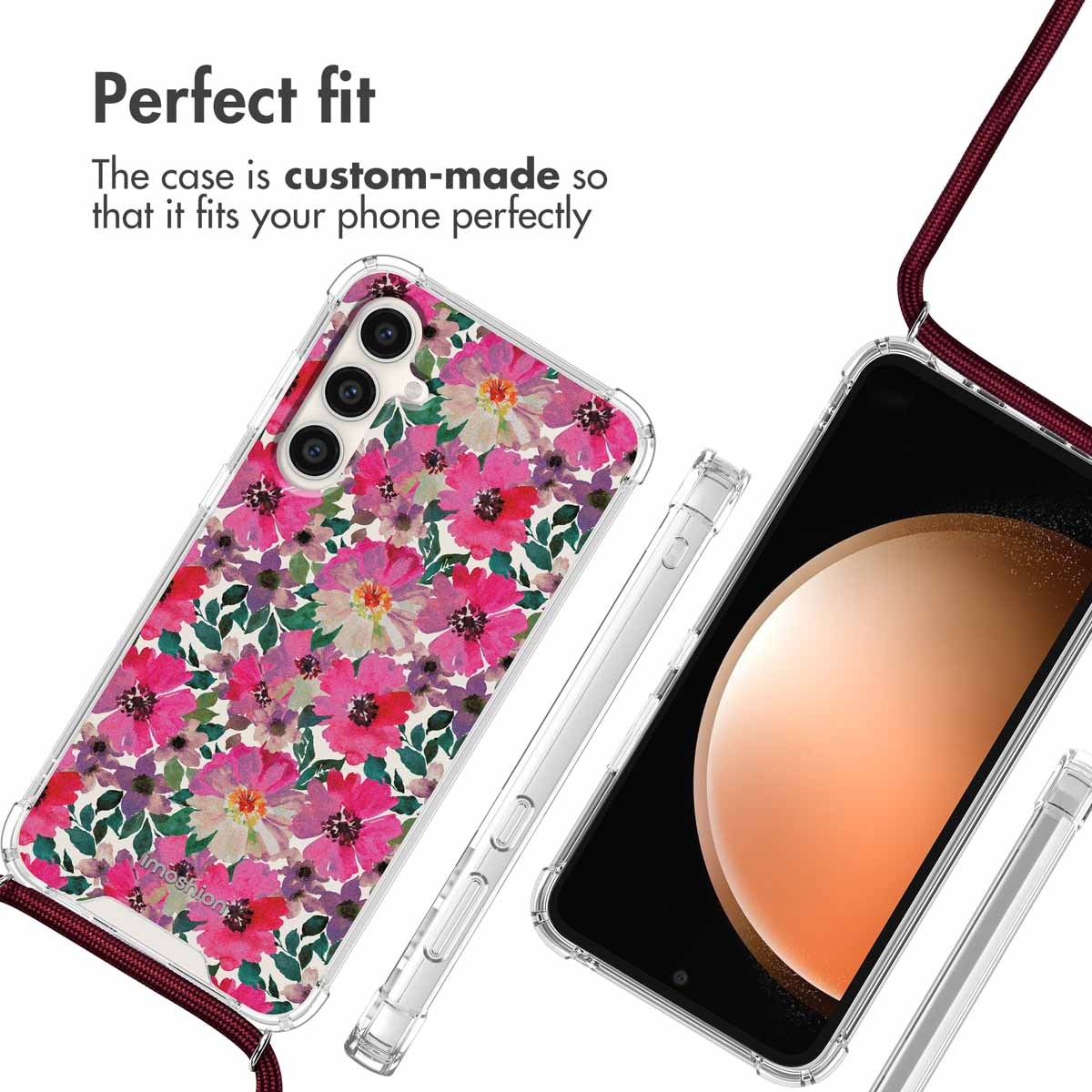 Coque de téléphone à motif floral rose, avec lanière.