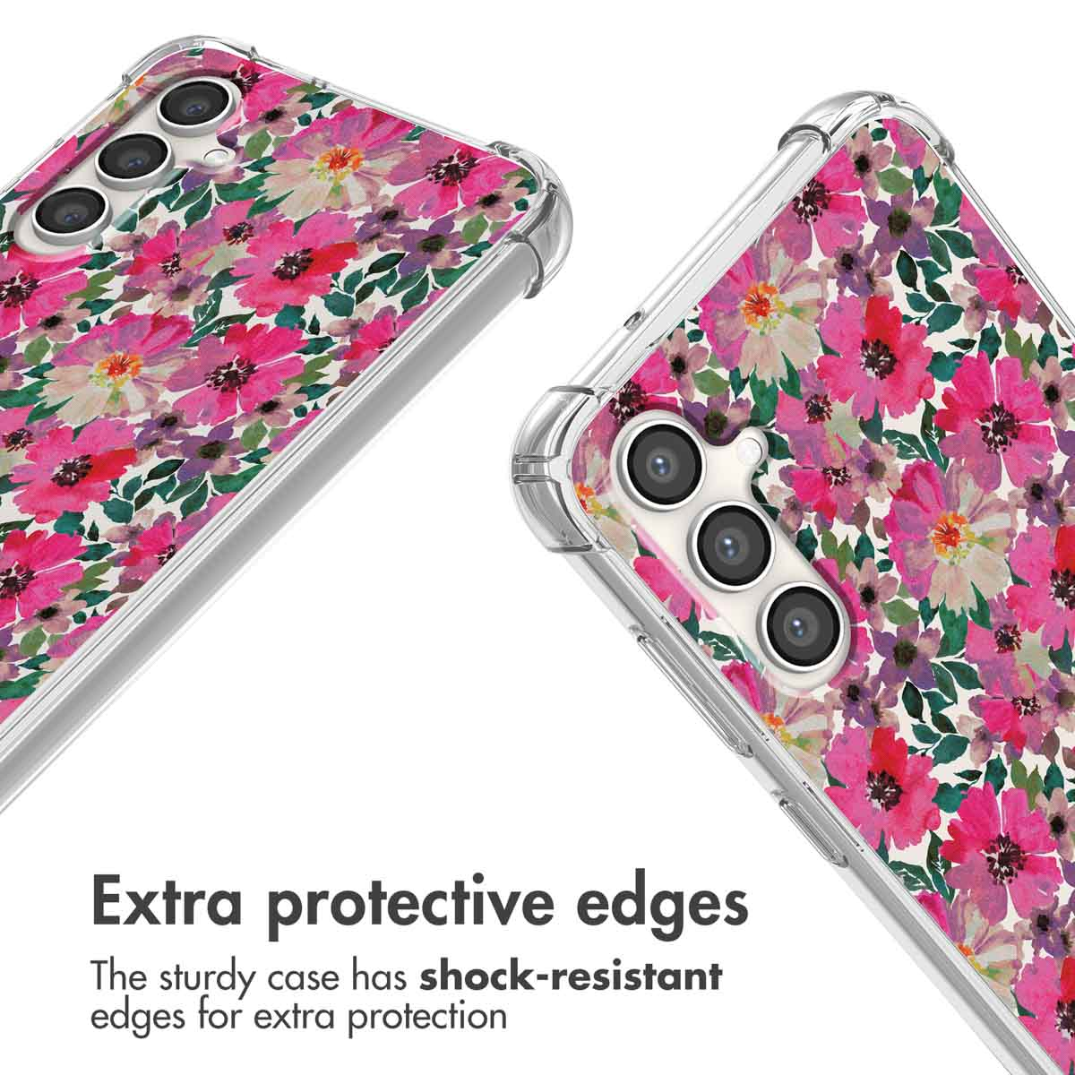 Coque de téléphone transparente avec motif floral coloré et coins antichocs.
