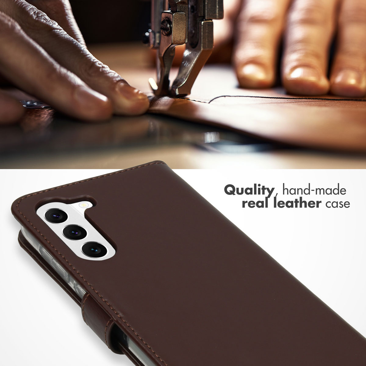 Une machine à coudre coud du vrai cuir pour un étui de téléphone marron avec le texte qualité fait main.