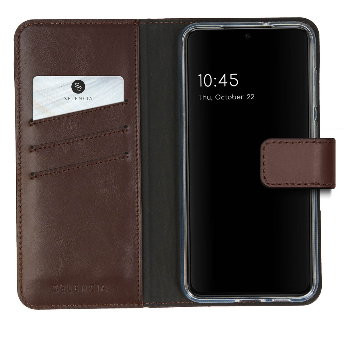 Étui de téléphone en cuir marron avec fentes pour cartes et smartphone à droite.