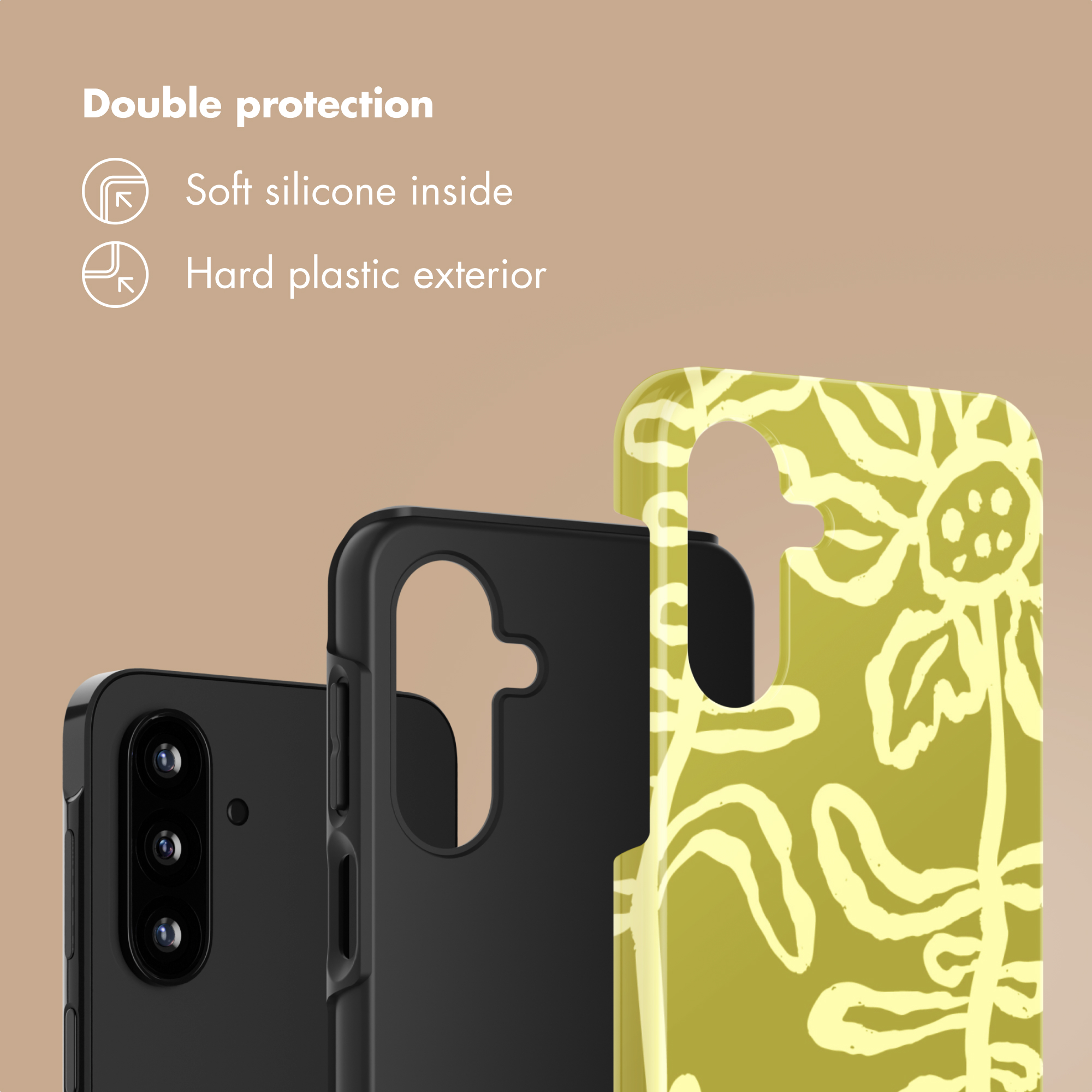 Doppelter Schutz mit weichem Silikon innen und harter Plastikaußenseite für das Smartphone.