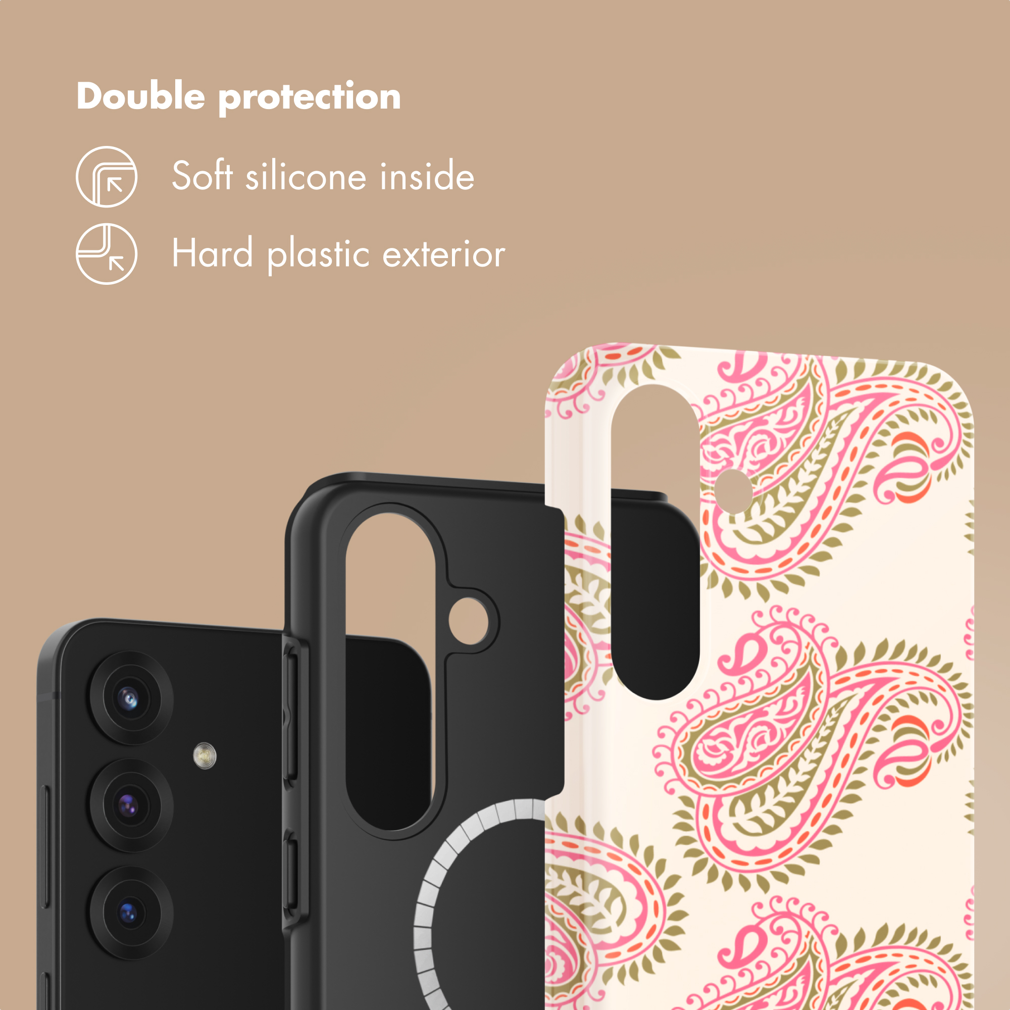 Un teléfono muestra doble protección con silicona suave por dentro y plástico duro por fuera con un patrón de cachemira rosa.