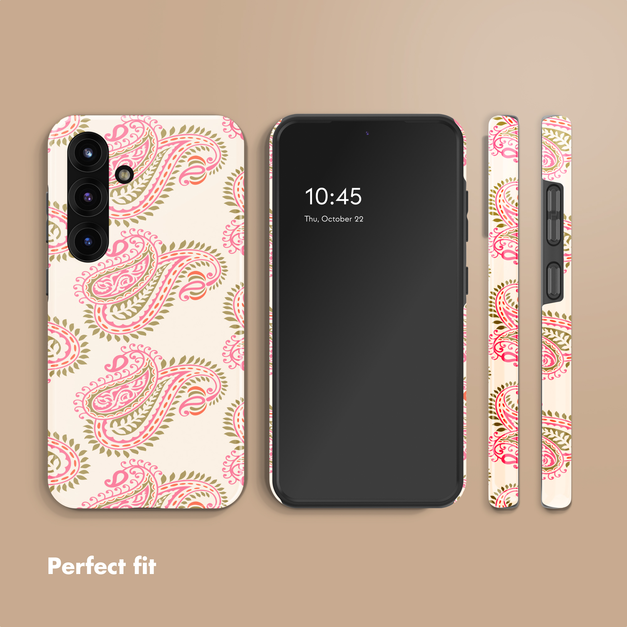 Un smartphone negro con funda con patrón de cachemira rosa y blanca y el texto Perfect fit.