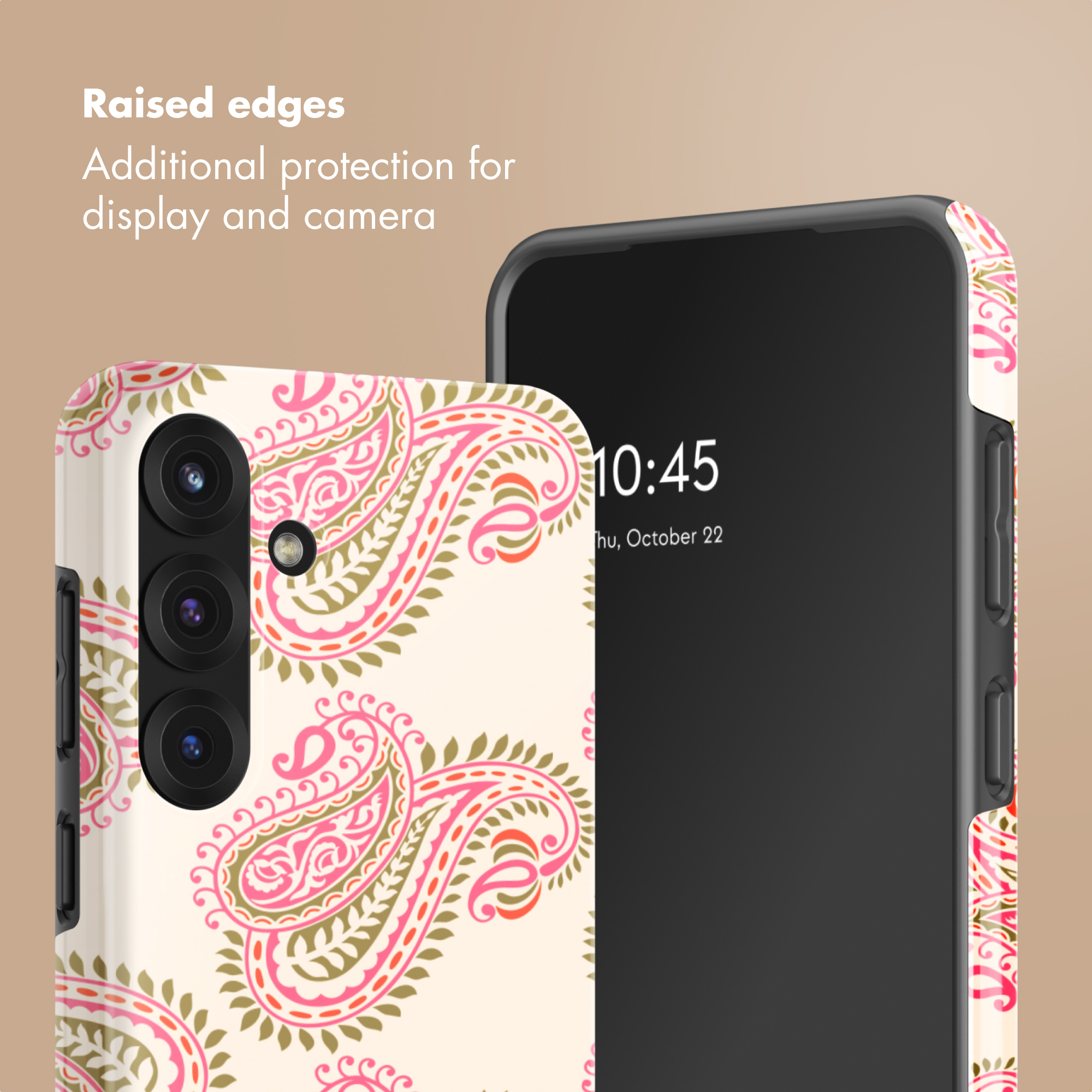 Funda para móvil con patrón de cachemira rosa y bordes elevados para proteger la pantalla y la cámara.