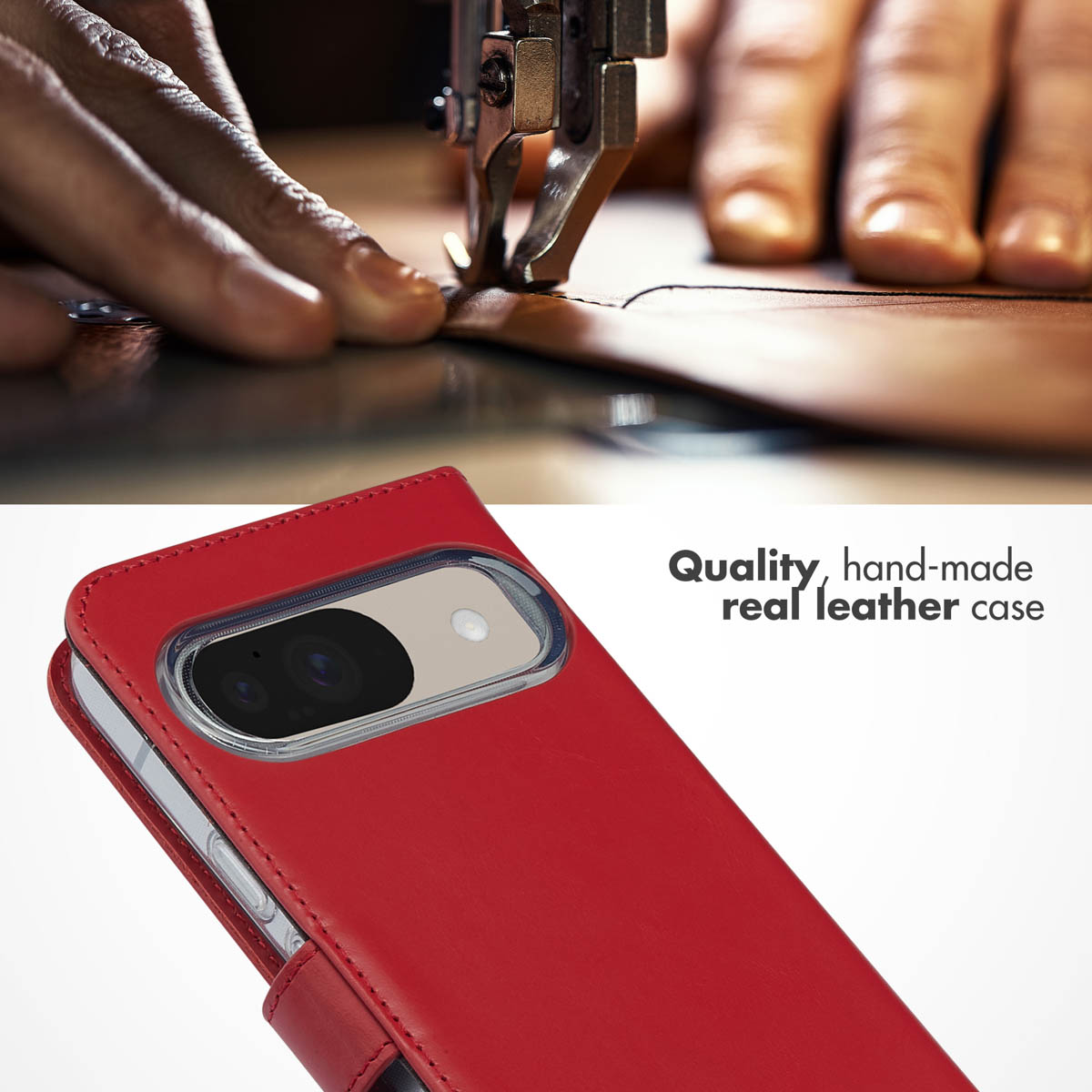 Custodia in vera pelle rossa fatta a mano per smartphone con cuciture a vista.