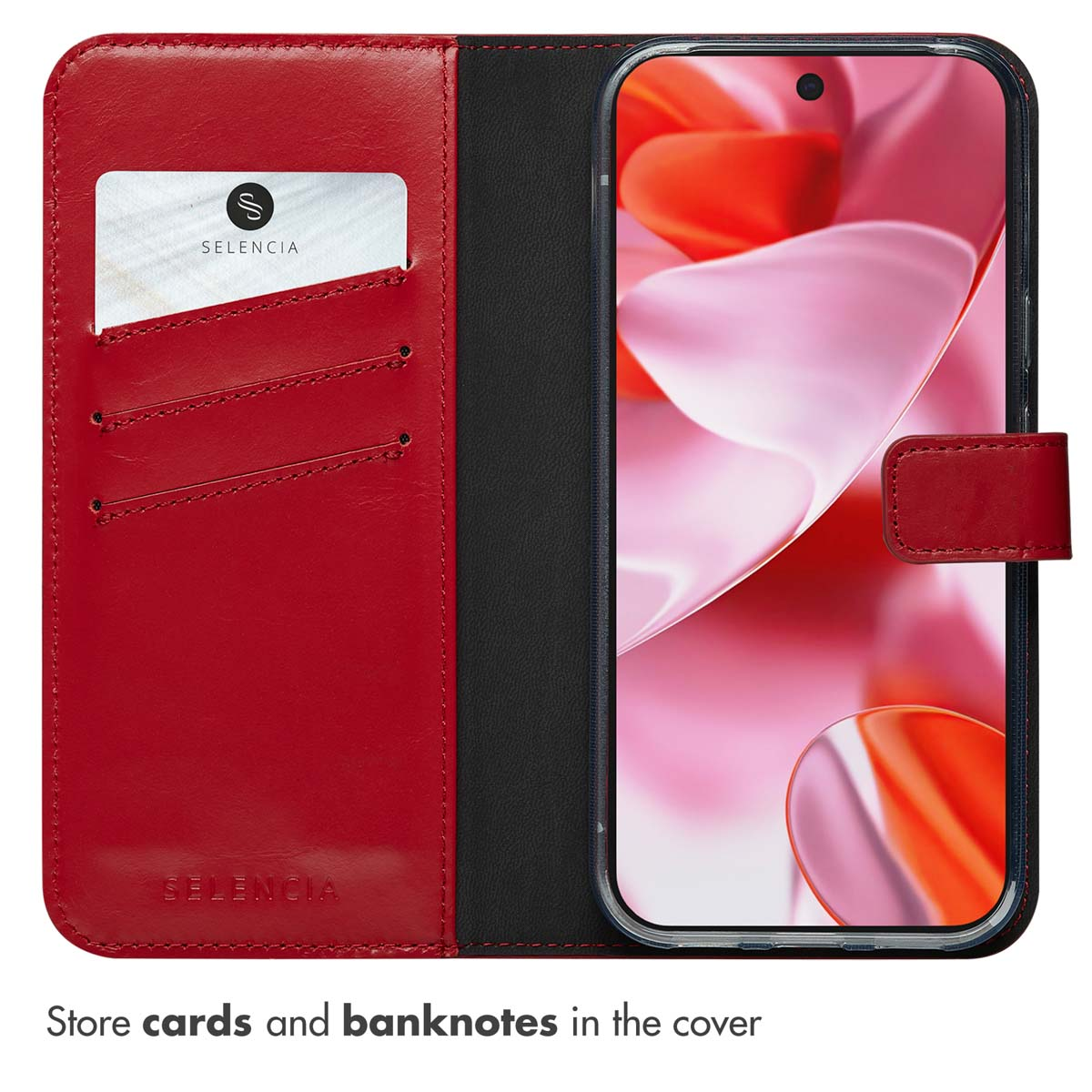 Una custodia a libretto in pelle rossa per smartphone con tasche per carte.