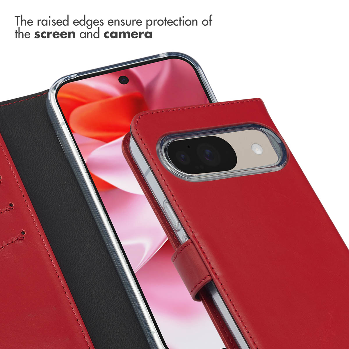 Una custodia per telefono in pelle rossa con bordi rialzati per proteggere schermo e fotocamera.