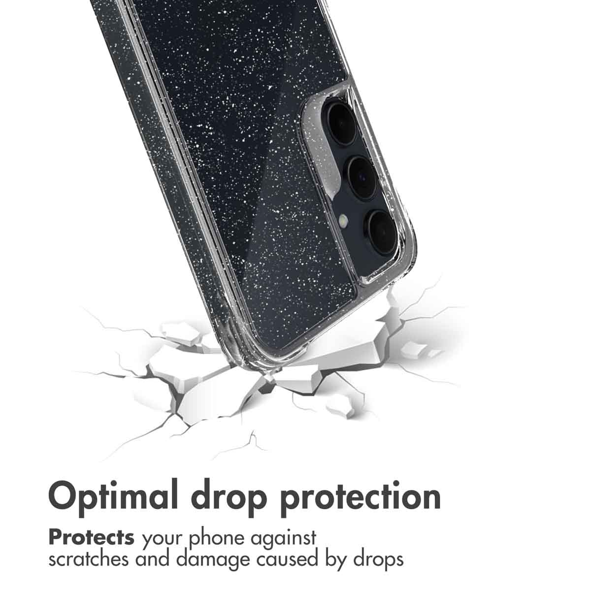 Ein glitzerndes Handy in einer Schutzhülle über rissigem weißem Untergrund mit Text zur Sturzsicherheit.