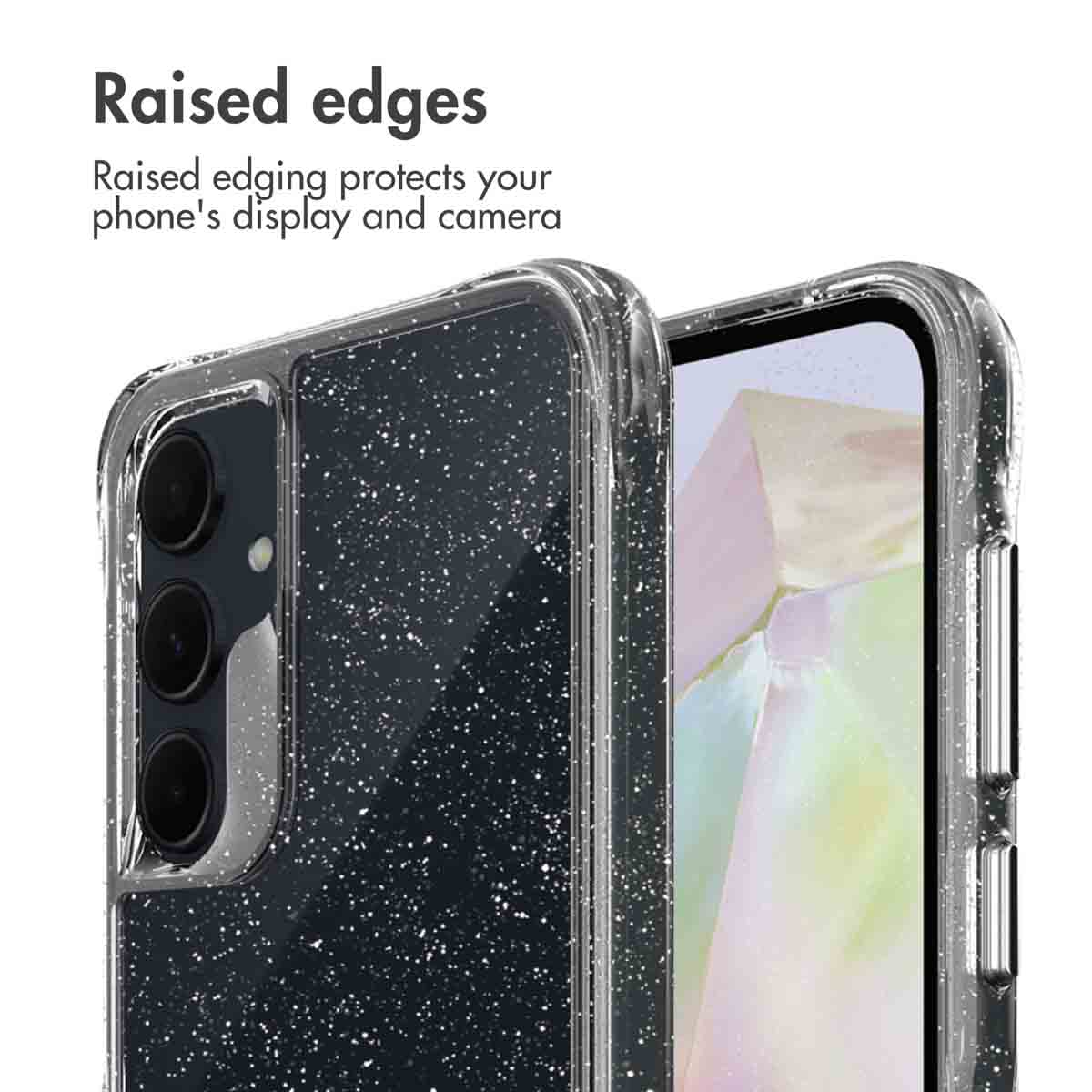 Glitzernde transparente Schutzhülle mit erhöhtem Rand für Handydisplay und Kamera.