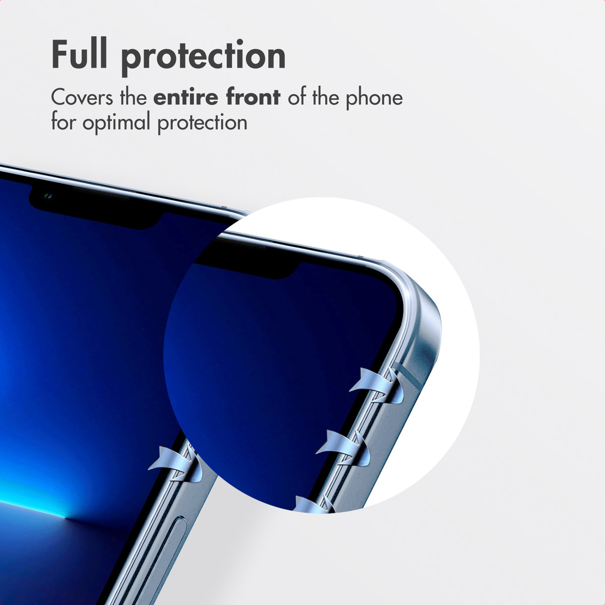 Smartphone front view with text Full protection and a magnified display edge detail.