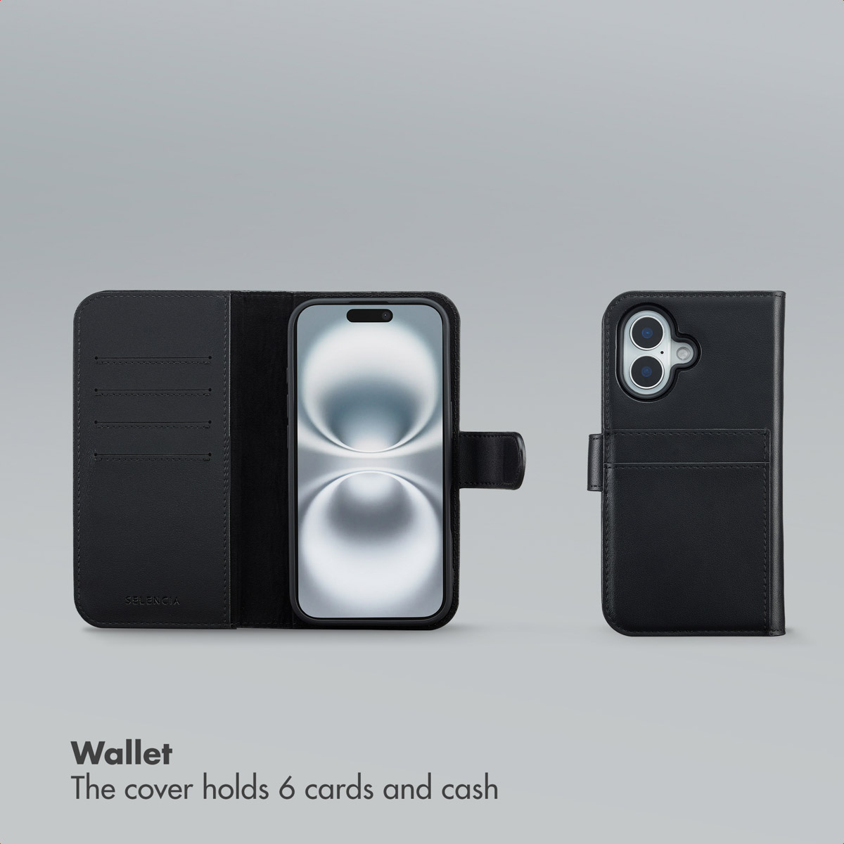 Custodia a portafoglio in pelle nera per smartphone con tasche per carte su sfondo grigio.