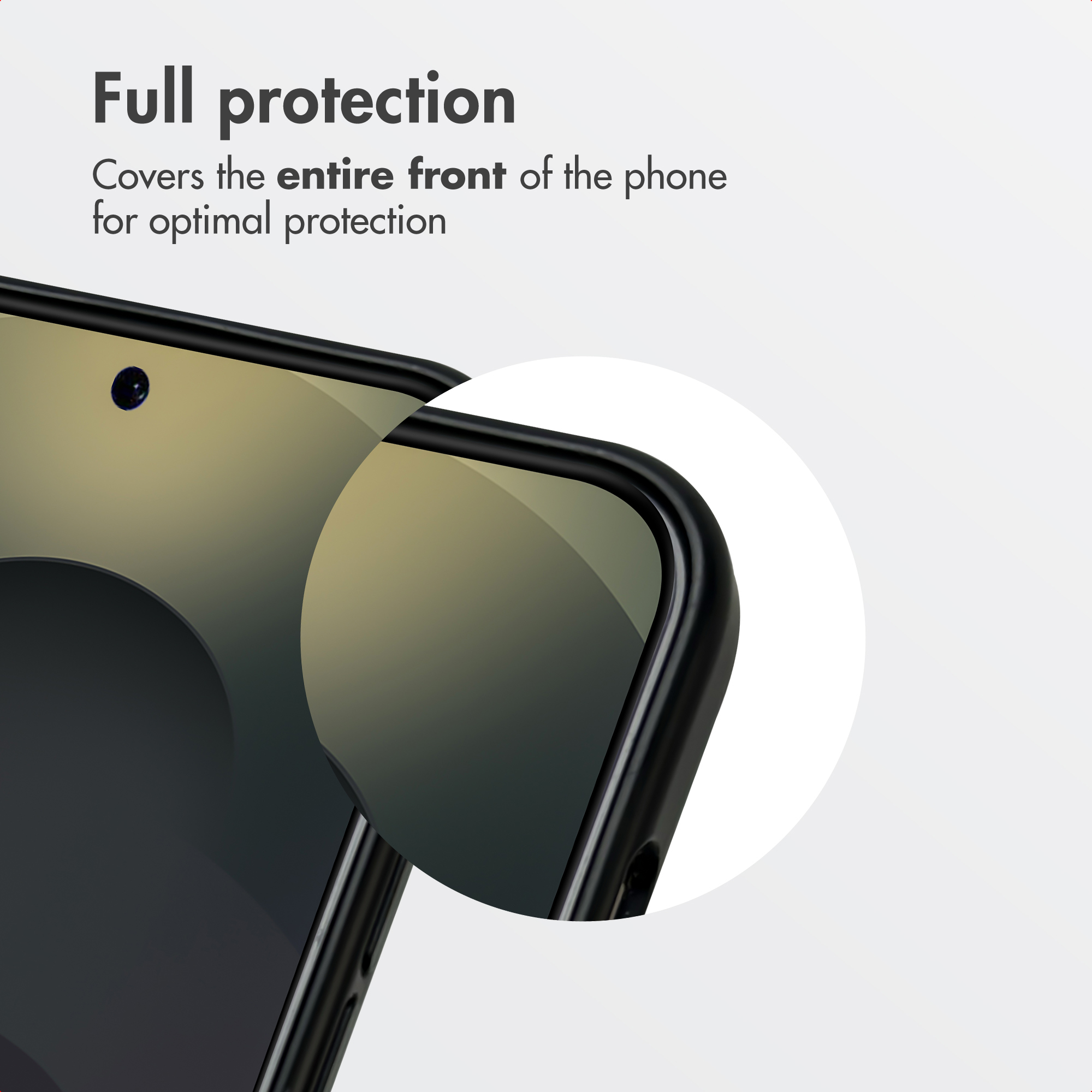 Close-up of a smartphone with screen protector and text about full protection.