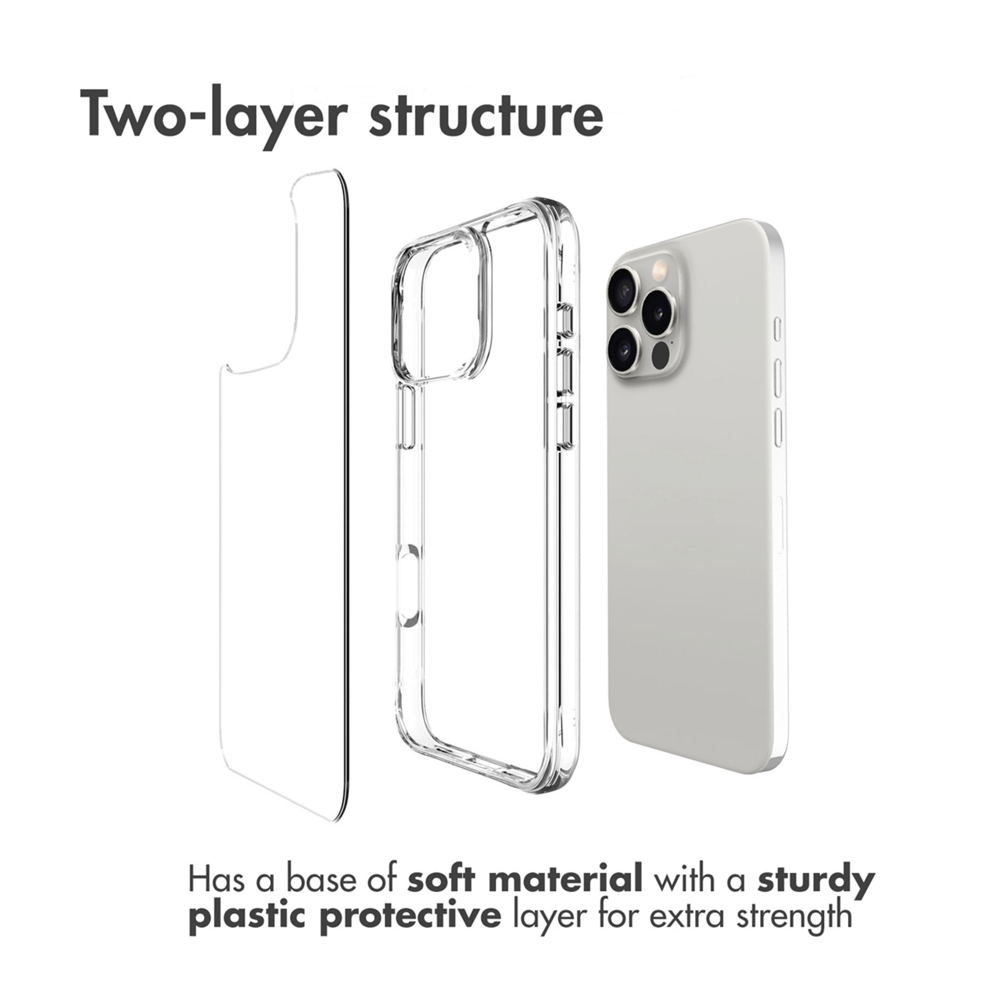 Diagrama que muestra una funda de teléfono de dos capas con base suave y capa de plástico.