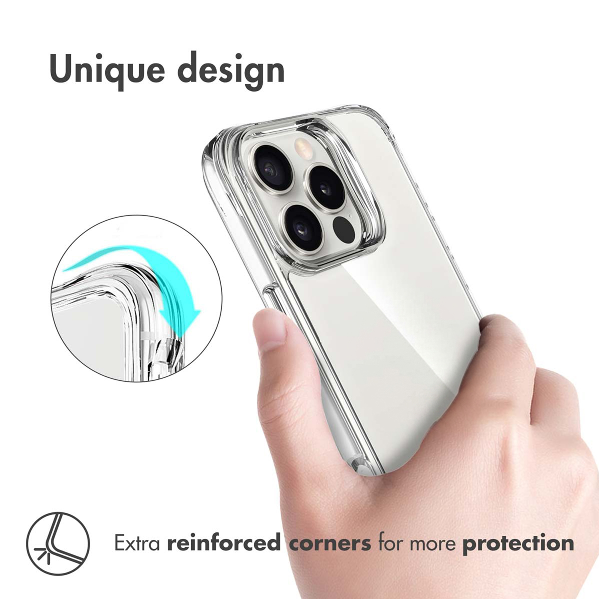 Una mano sostiene una funda transparente con esquinas reforzadas para mayor protección.