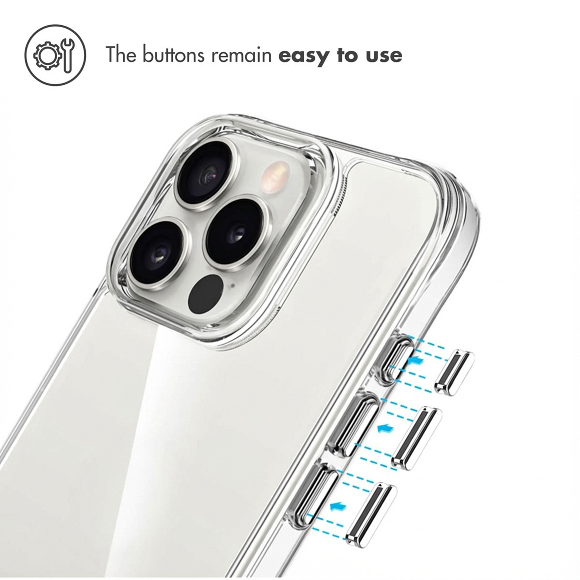 Funda transparente para teléfono con botones plateados separados para fácil uso.
