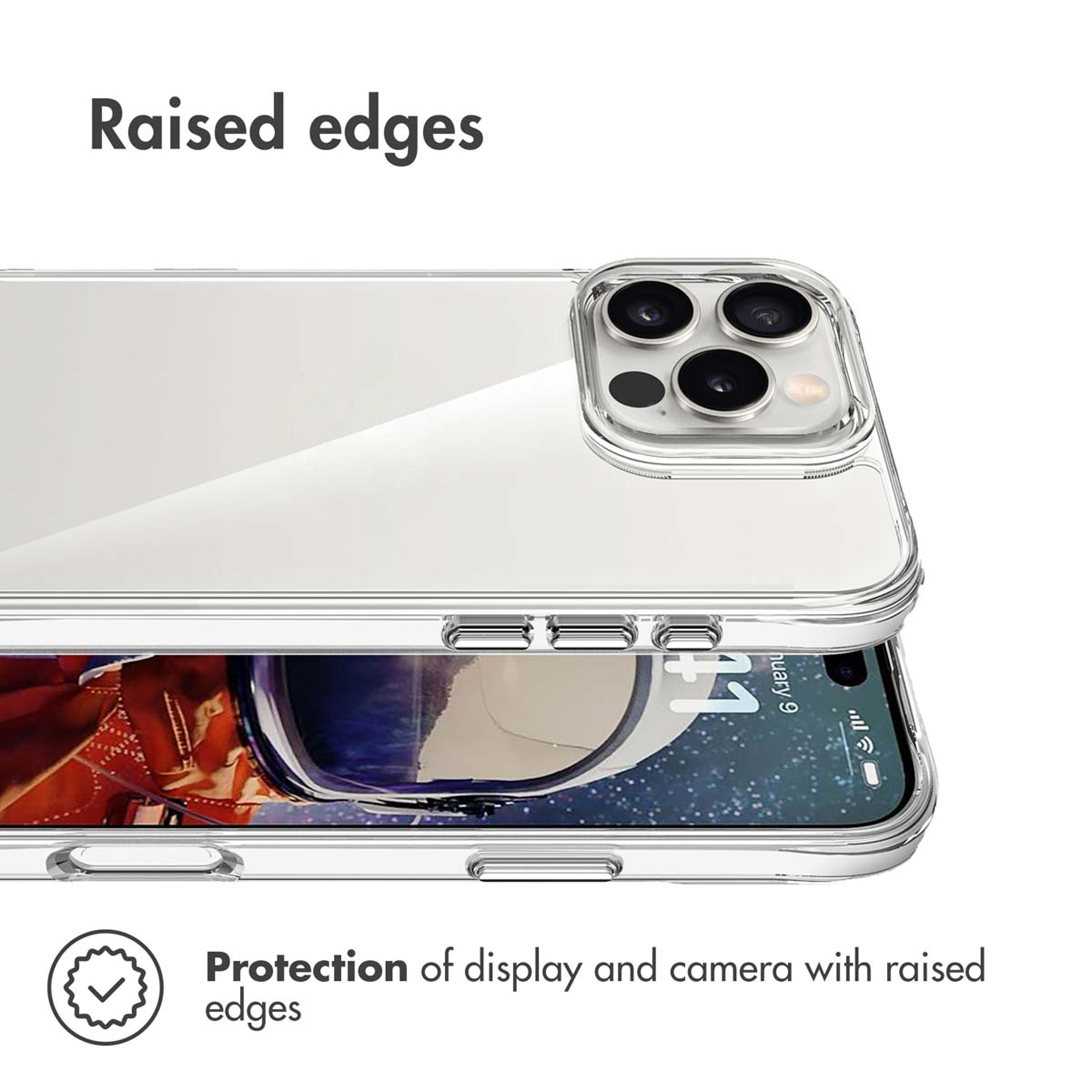 Funda transparente con bordes elevados para proteger la pantalla y la cámara.