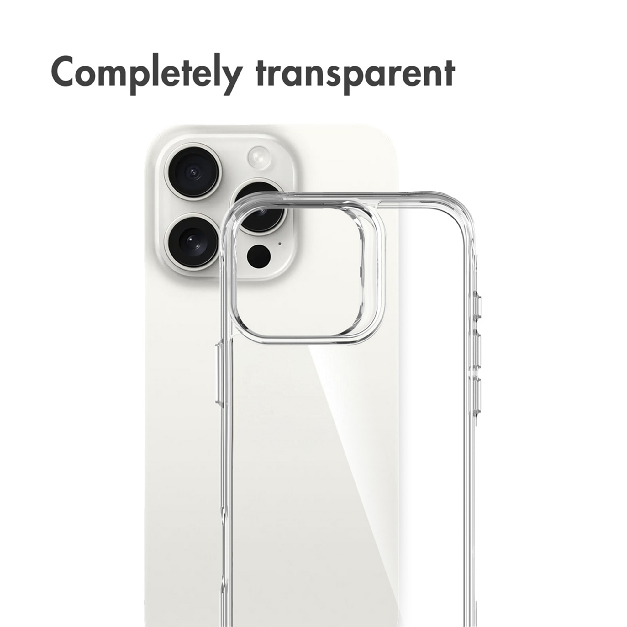 Una funda transparente delante de un teléfono blanco con tres cámaras.