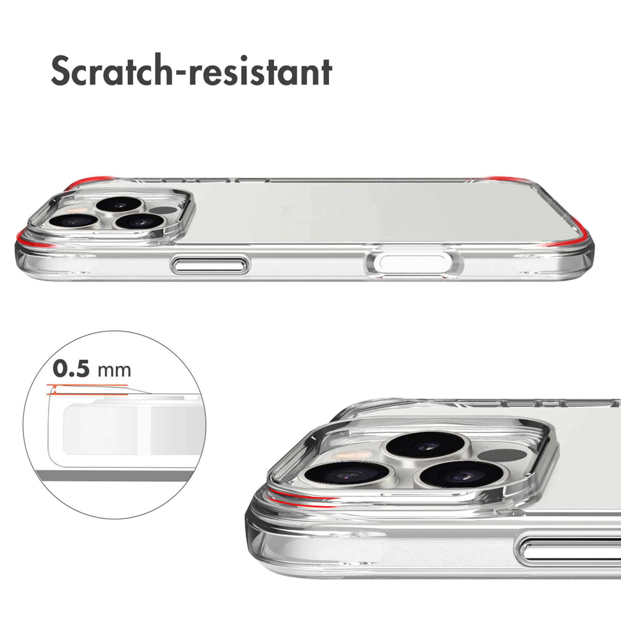 Funda transparente resistente a arañazos con borde de cámara elevado de 0,5 mm.