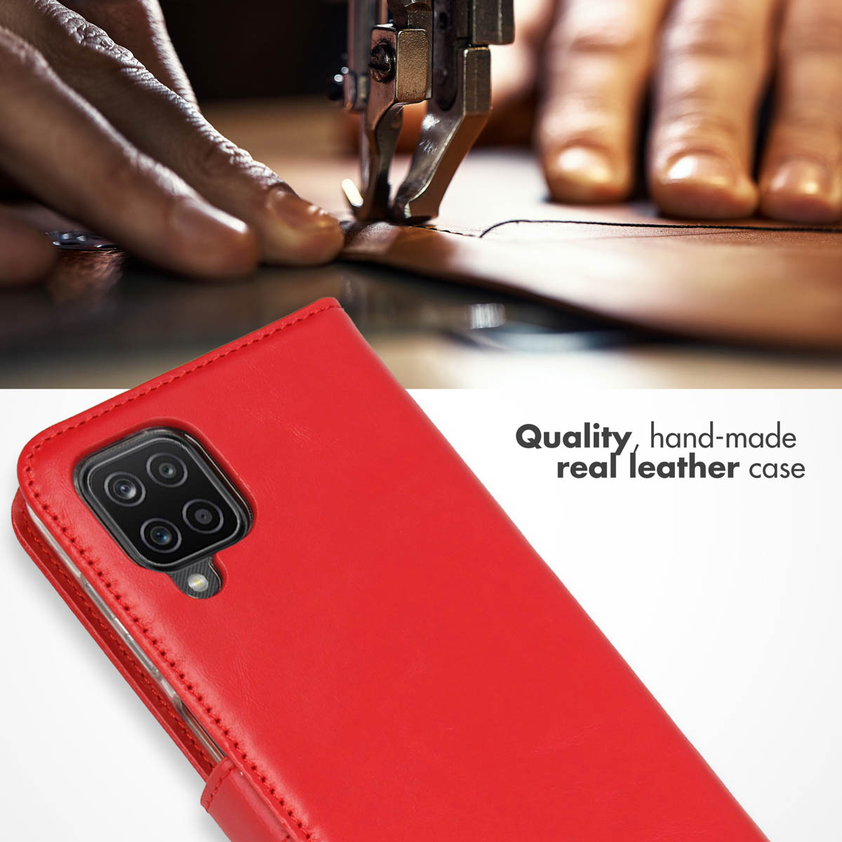 Étui de smartphone en cuir rouge fait main avec des coutures, à côté du texte Quality, hand-made real leather case.