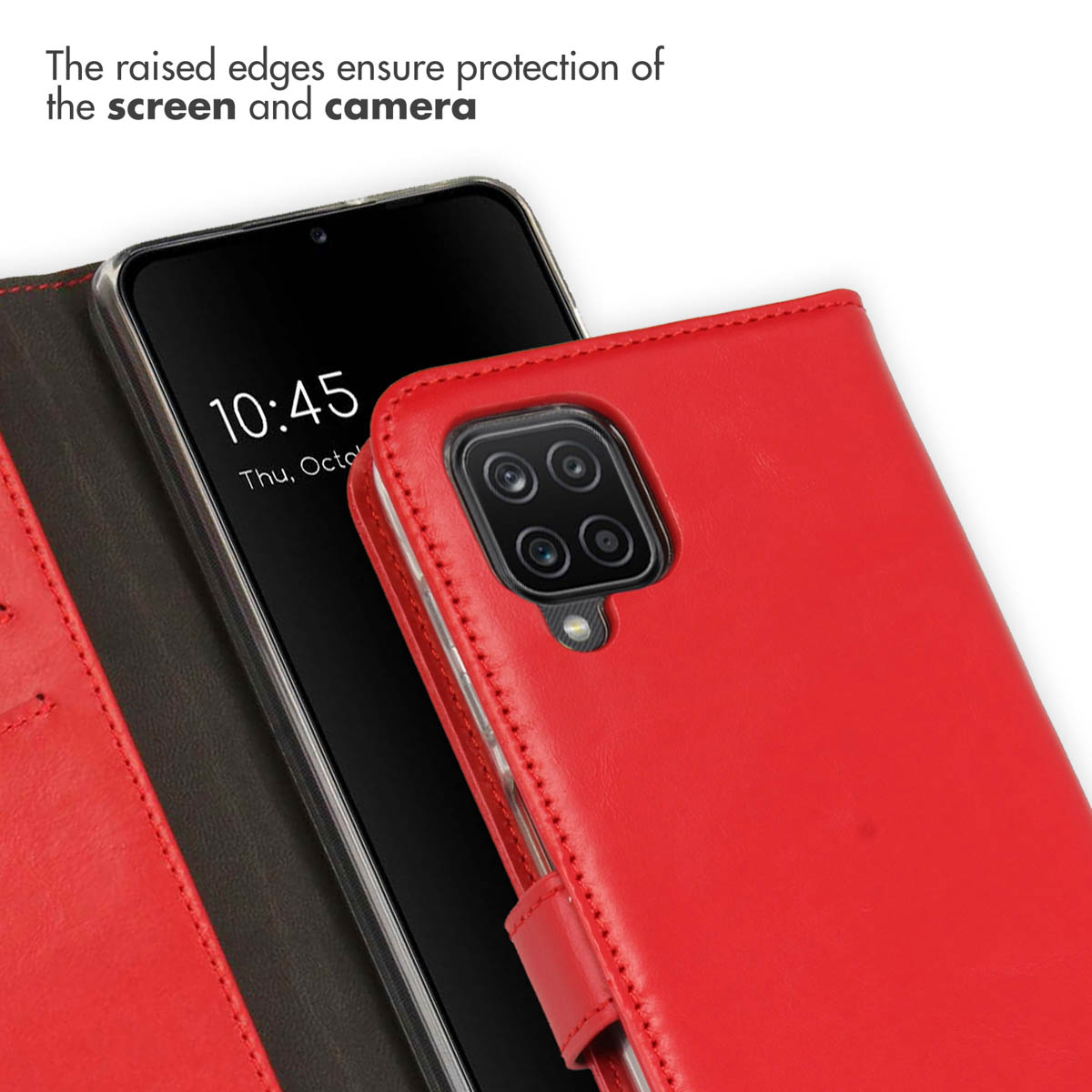 Un smartphone dans un étui en cuir rouge avec des bords surélevés.