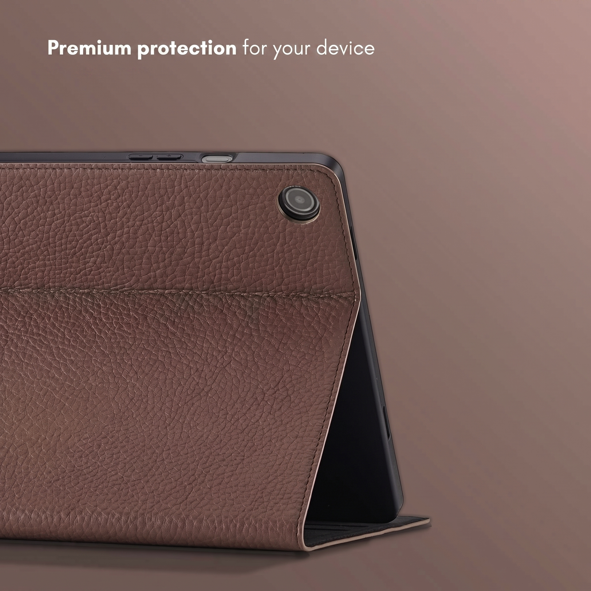 A tablet in a brown leather case stands on a brown surface with text Premium protection for your device.