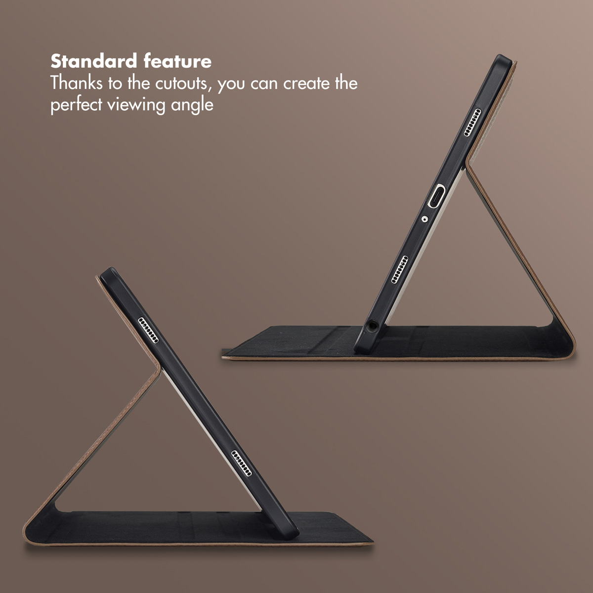 Two tablets in brown folding cases stand on a brown surface at different viewing angles.