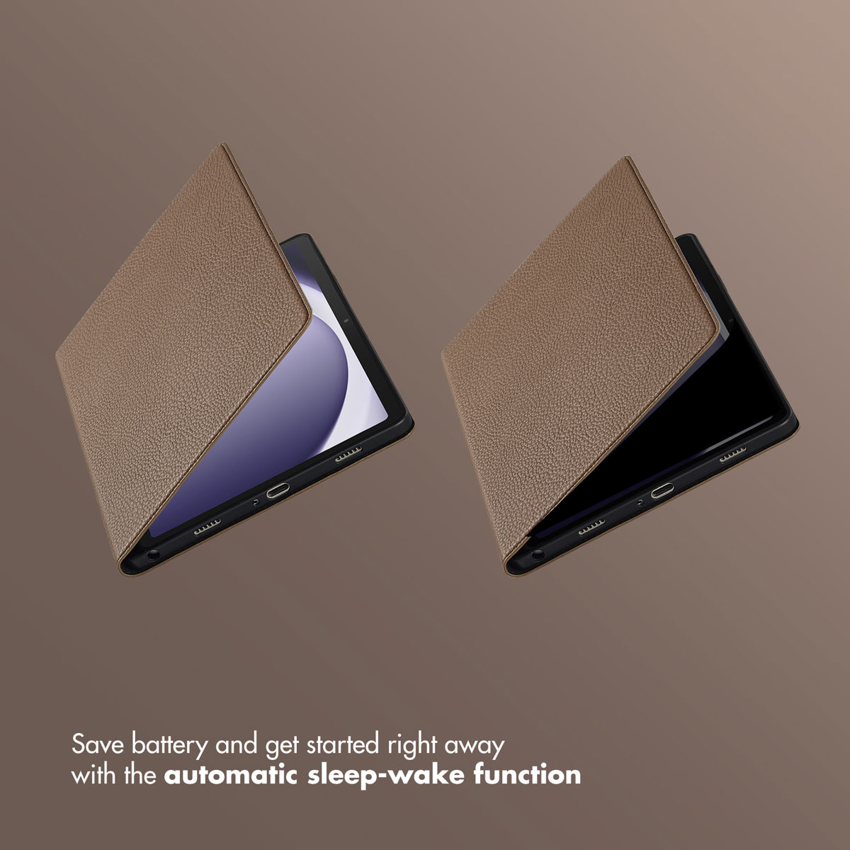 Two tablets in brown leather cases on a brown background with text about the automatic sleep-wake function.