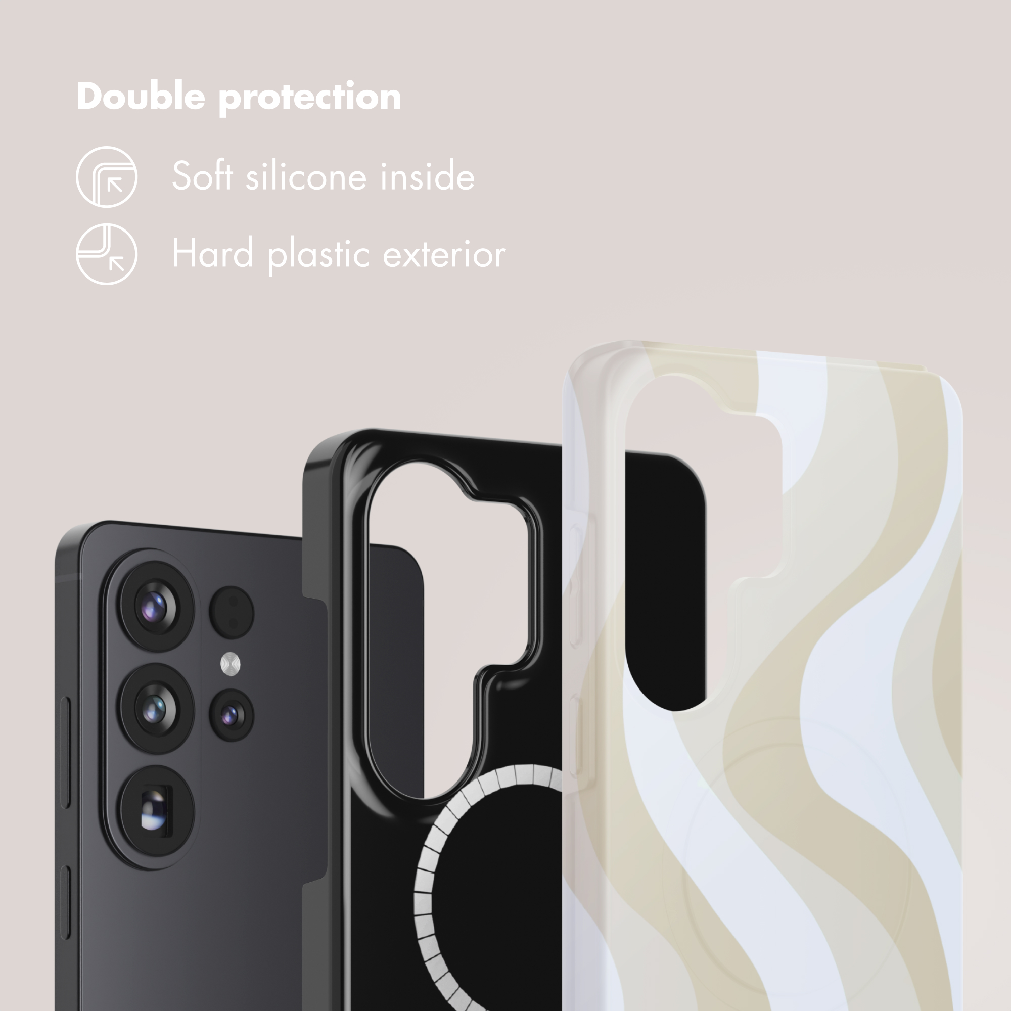 Doppelter Schutz: Weiches Silikon innen, harte Kunststoffaußenseite, gezeigt mit einem Smartphone und Schutzhüllen.