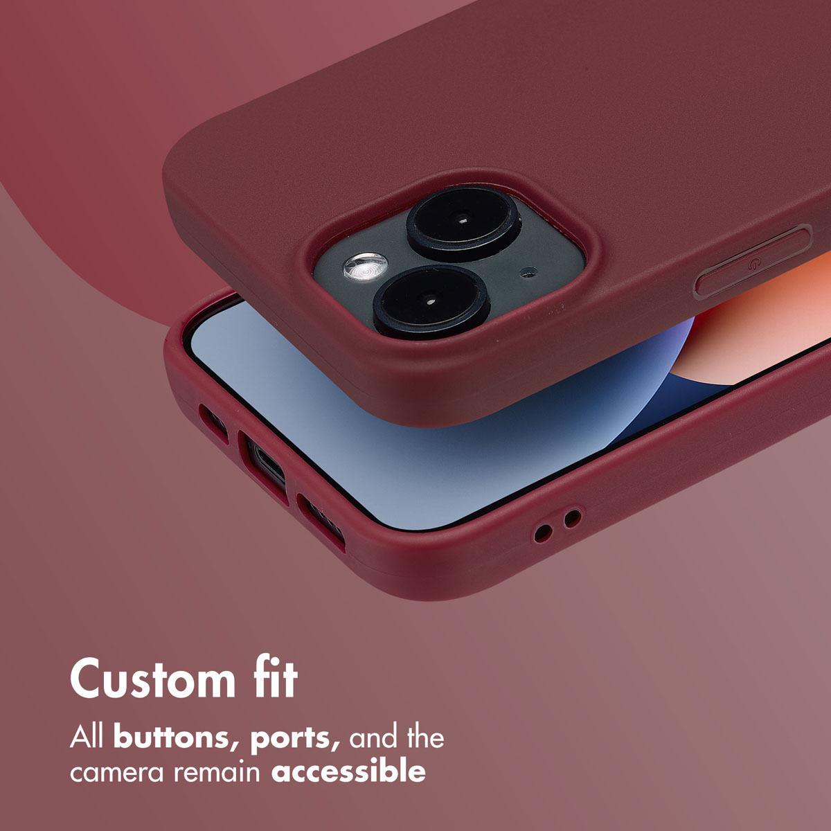 Funda de móvil roja en un teléfono, mostrando cámaras y puertos sobre fondo oscuro.