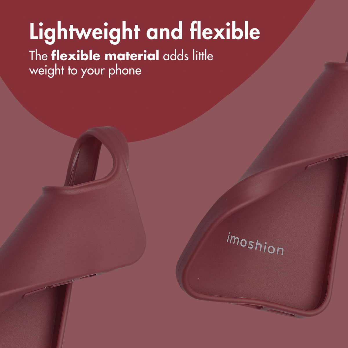 Dos fundas de móvil imoshion de color rojo oscuro sobre fondo rojo, con texto promocional sobre material flexible.