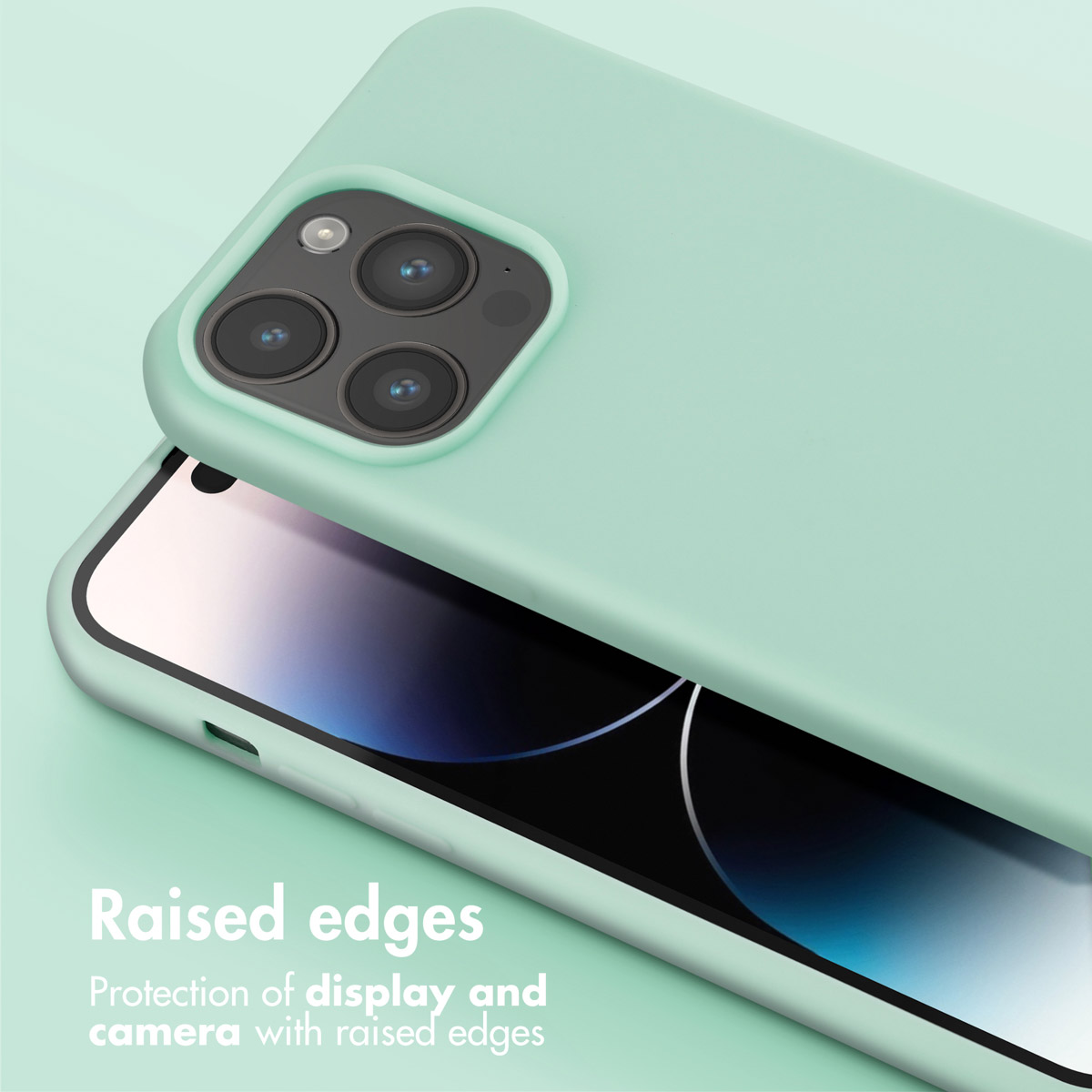 Coque de téléphone vert menthe avec bords surélevés protégeant l'écran et la caméra.