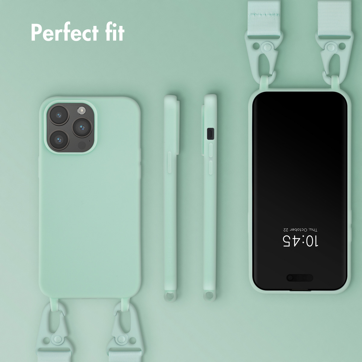 Coque de téléphone vert menthe avec lanière, vues avant et arrière.