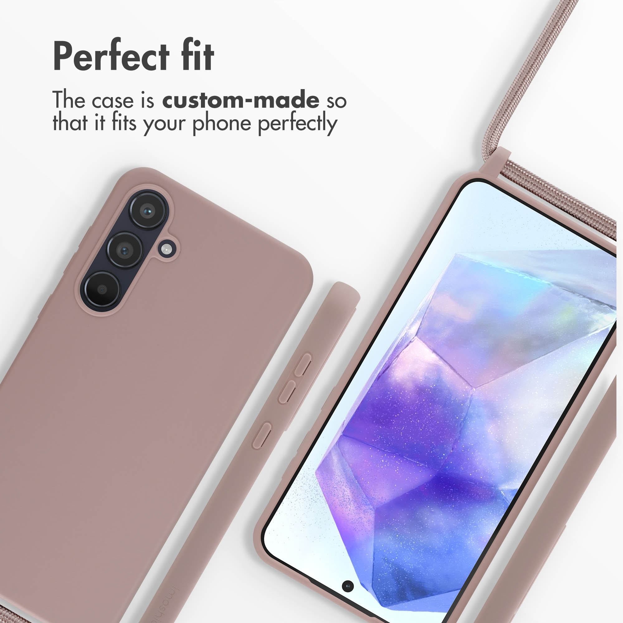 Rosa Smartphone in Schutzhülle mit Band und Text 'Perfect fit'.