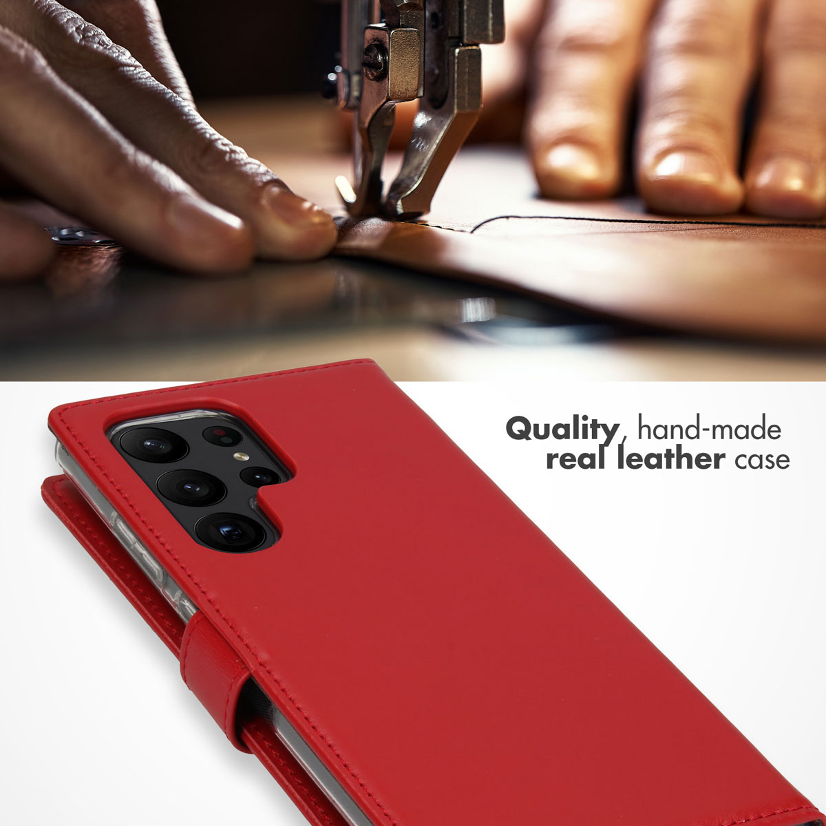 Une main coud du cuir au-dessus d'un étui rouge en cuir avec le texte : Étui en cuir véritable fait main.