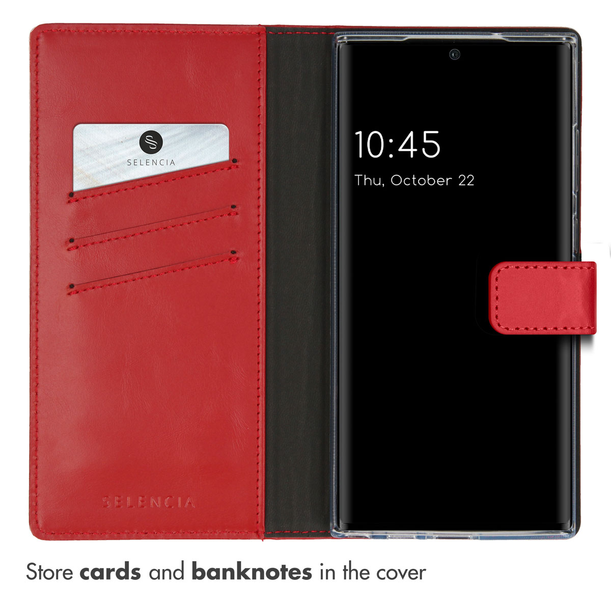 Un étui portefeuille en cuir rouge avec fentes pour cartes et écran visible.