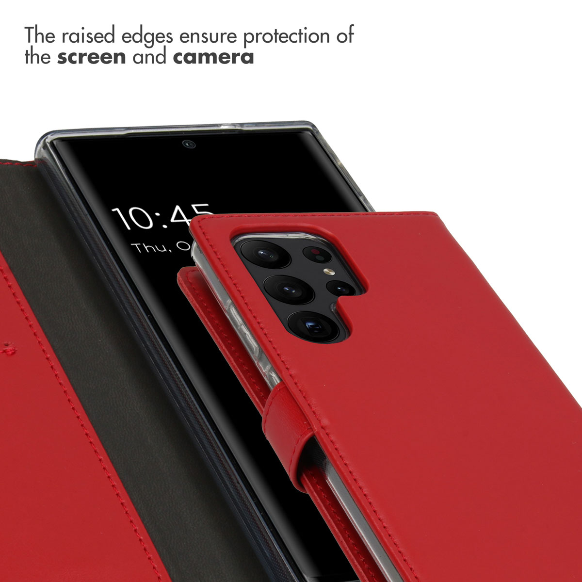 Un étui de smartphone en cuir rouge avec support intégré et découpes pour l'appareil photo et les boutons.