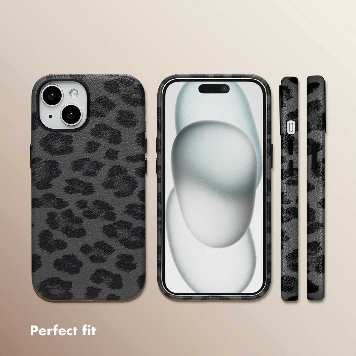 Custodia protettiva grigia con stampa leopardata mostrata da varie angolazioni su uno smartphone, con il testo "Perfect fit".