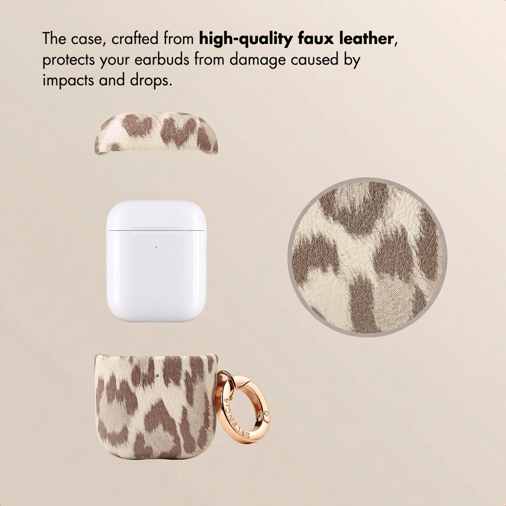 Funda de cuero con estampado de leopardo para AirPods blancos con anilla y texto.