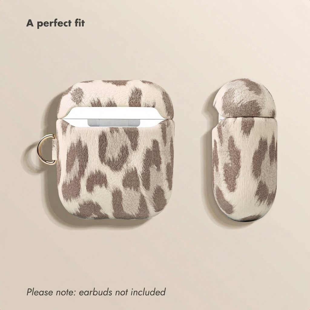 Funda protectora con estampado de leopardo beige y marrón para auriculares inalámbricos, mostrada en dos vistas.